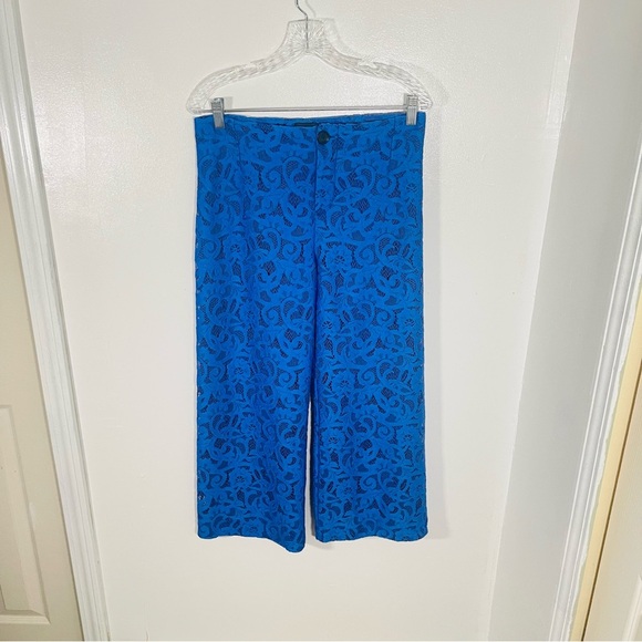 NEW Anthropologie Maeve Colette Lace Cropped Wide-Leg Pant Victorian Blue Flare - Picture 2 of 8
